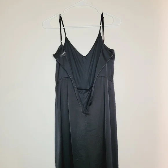 EXPRESS Slip Dress Womens Black Small Satin V-Neck Asymmetrical Midi Coctail - Picture 5 of 12
